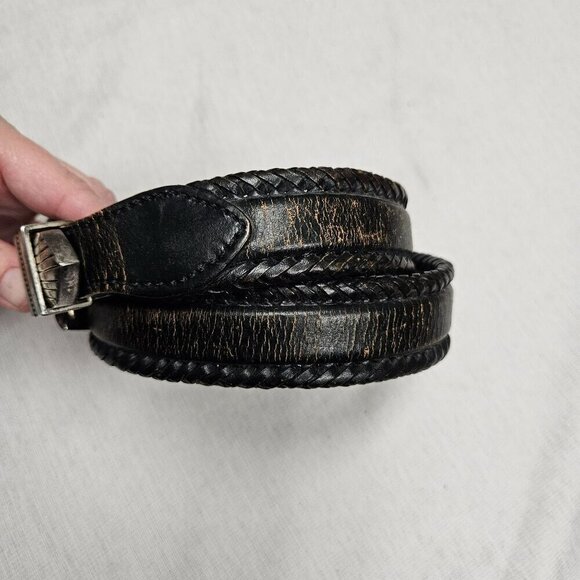 Vintage Womens Leather Belt Braided Edges Western Buckle sz 30 Distressed Look - Picture 4 of 13